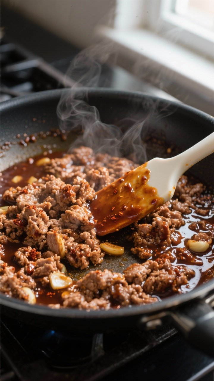 Cooking process – glossy BBQ turkey in skillet: Close-up of browned lean ground turkey simmering i