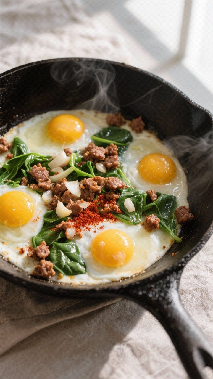 Cooking process, overhead: Overhead shot of a cast-iron skillet on medium heat with browned Italian 