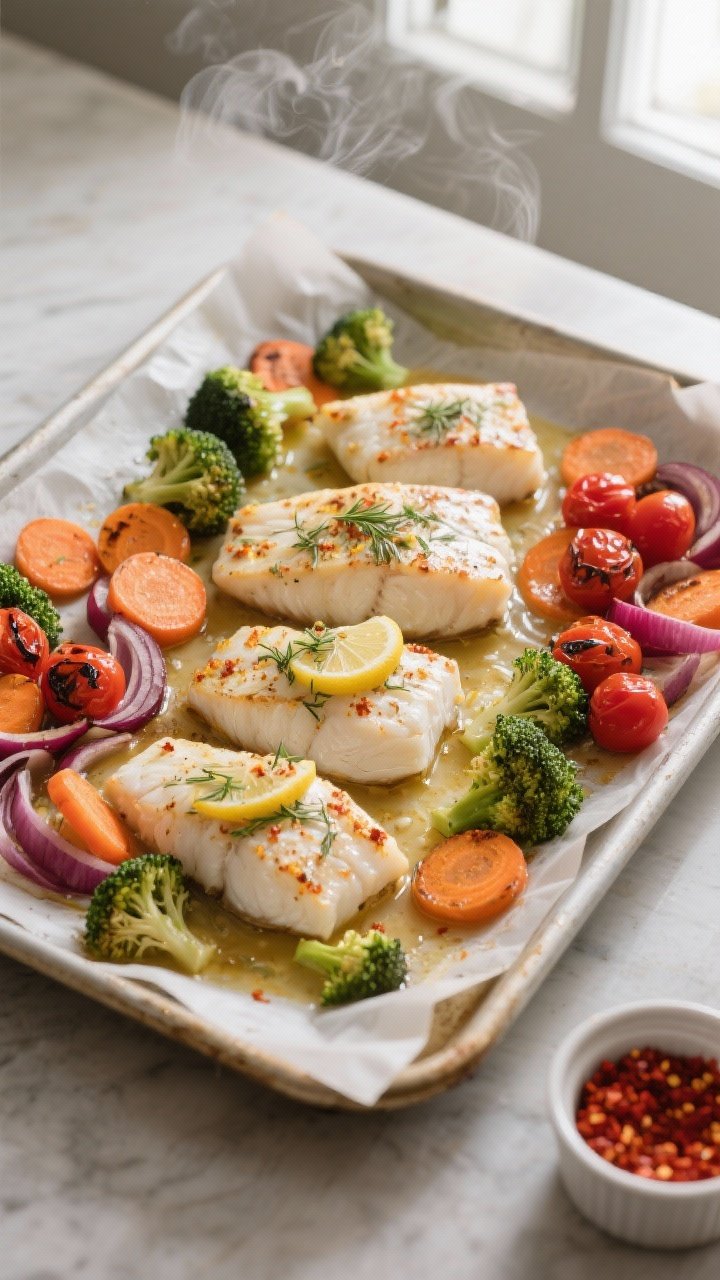 Cooking process, overhead: Overhead shot of a parchment-lined sheet pan just after the veggies have