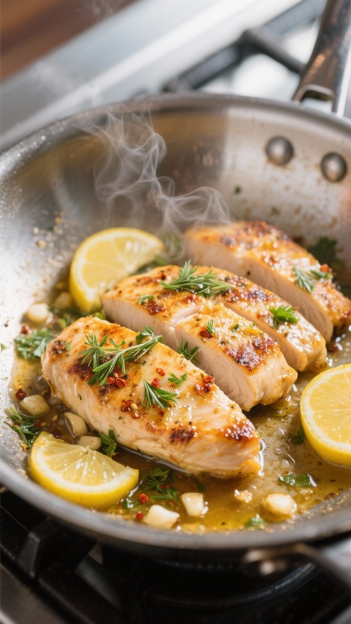 Cooking process shot: Sliced lemon-herb marinated chicken breasts sizzling in a stainless-steel skil