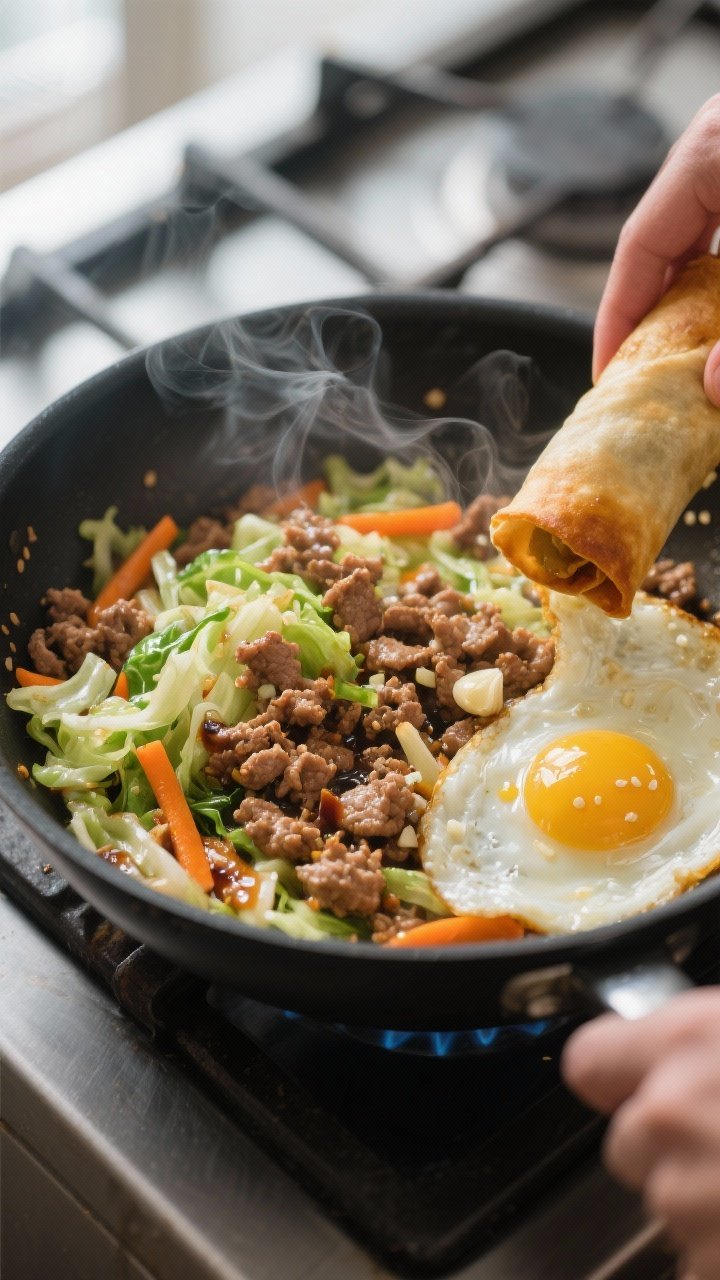 Cooking process, sizzling stir-fry action: Close-up of an egg roll in a bowl being cooked in a large