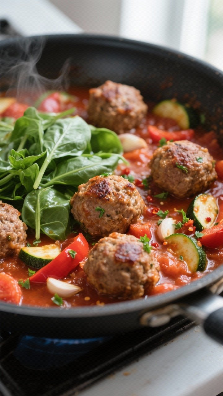 Cooking process, skillet action: Close-up of browned turkey meatballs nestled back into a gently sim