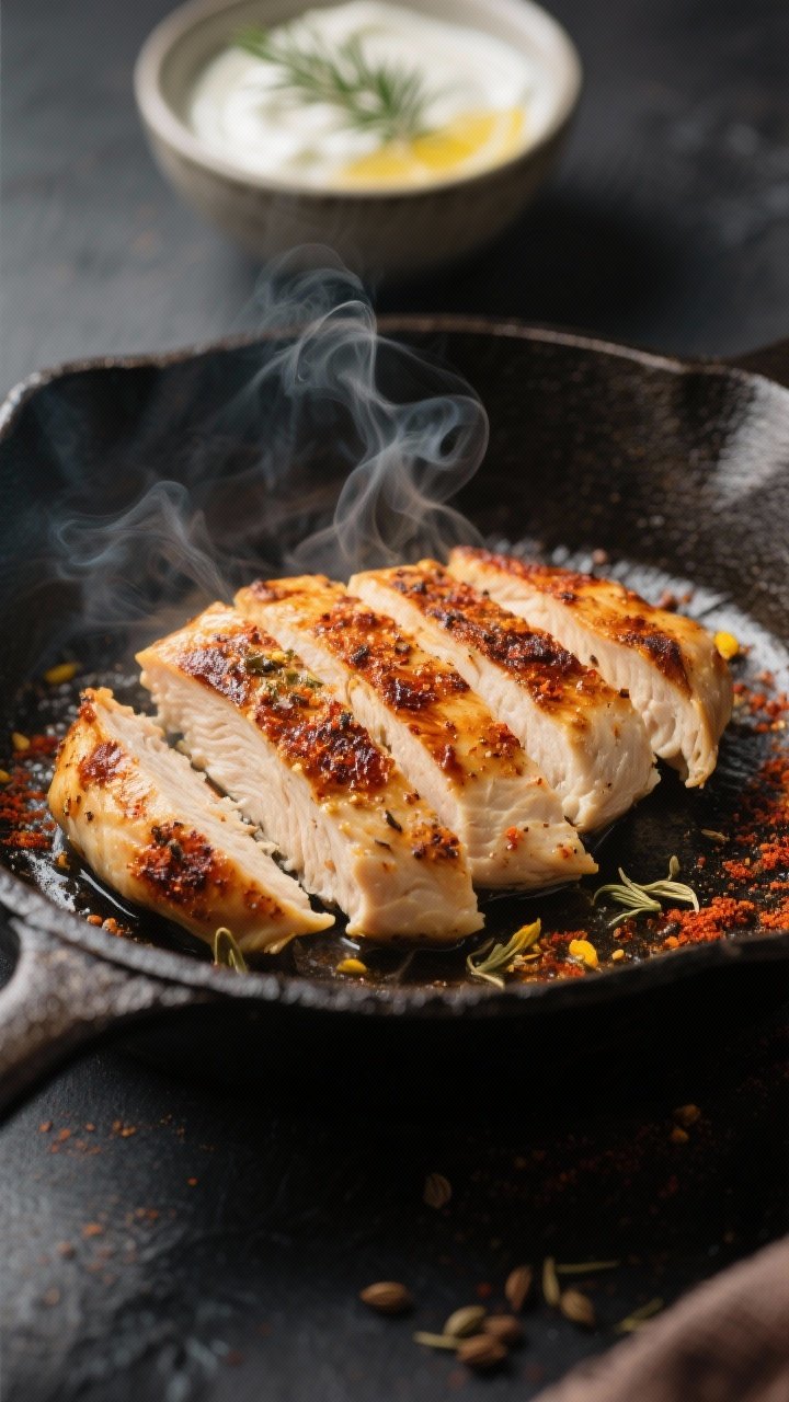 Cooking process — Sliced shawarma-spiced chicken breast searing in a hot cast-iron skillet, deep g