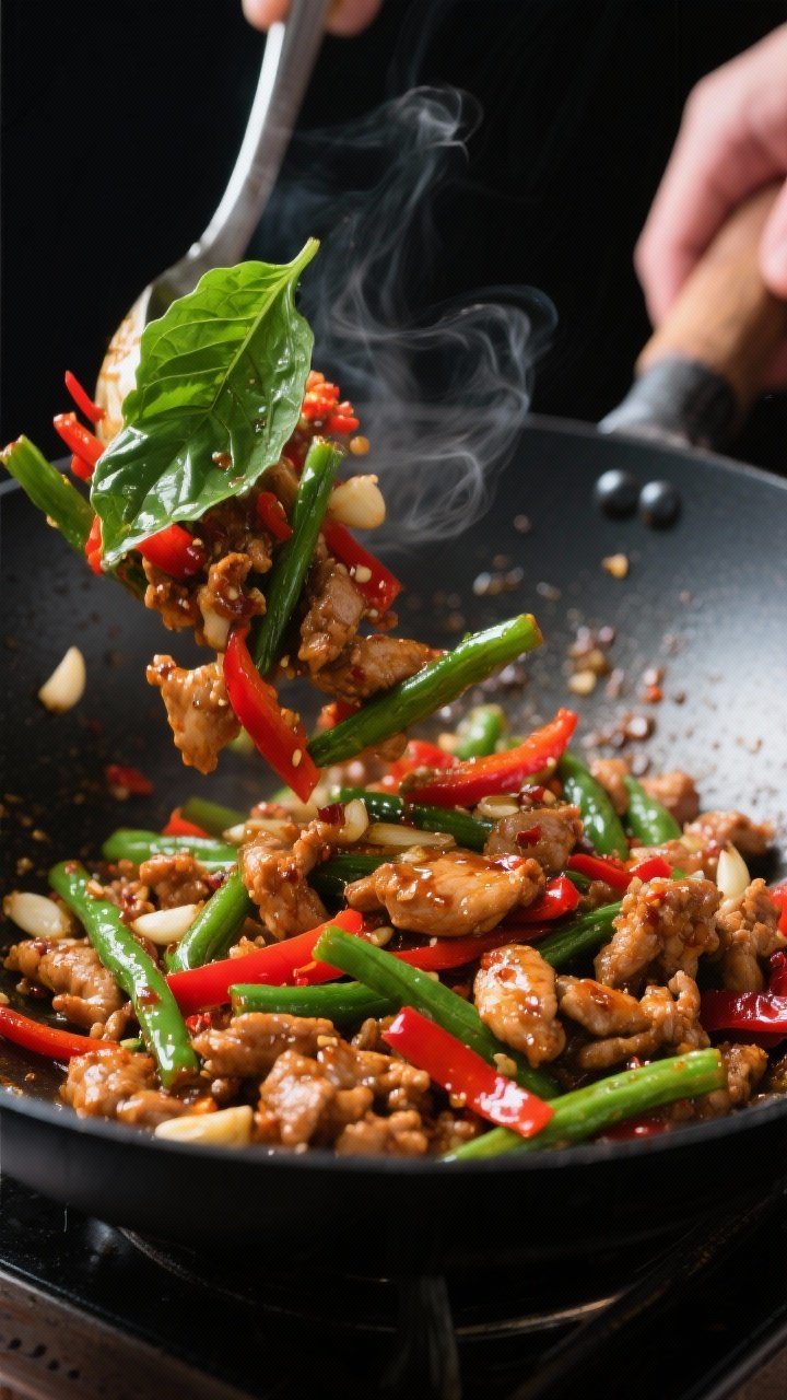 Cooking process — Thai Basil Chicken stir-fry mid-toss: Sizzling ground chicken browned and coated