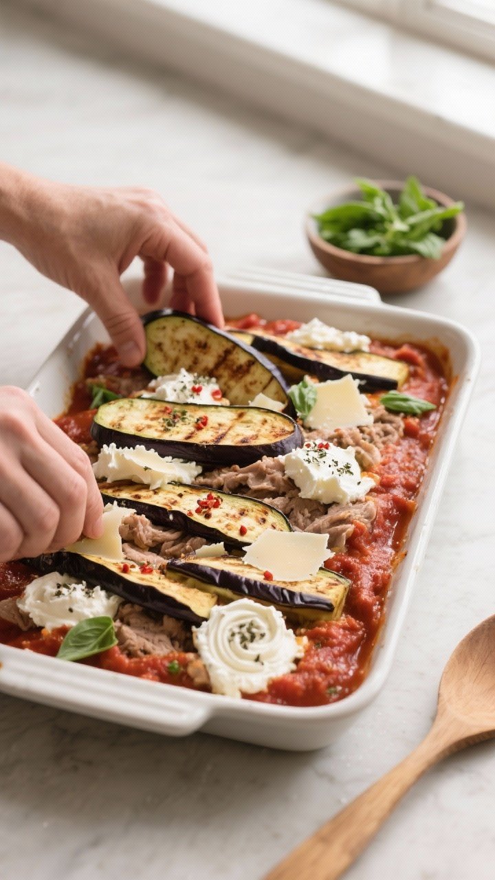 Cooking process, three-quarter angle: Sliced, roasted eggplant planks being layered into a 9x13 baki