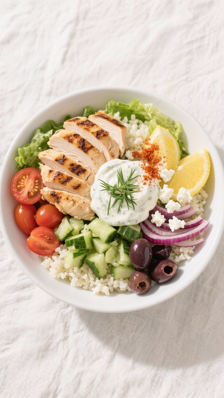Final bowl overhead: High Protein Low Calorie Chicken Gyro Bowl arranged in neat sections over cauli