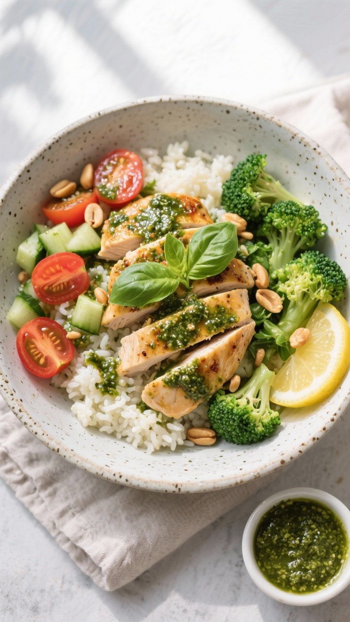 Final bowl overhead: High Protein Low Calorie Pesto Chicken Bowl assembled over fluffy cauliflower r