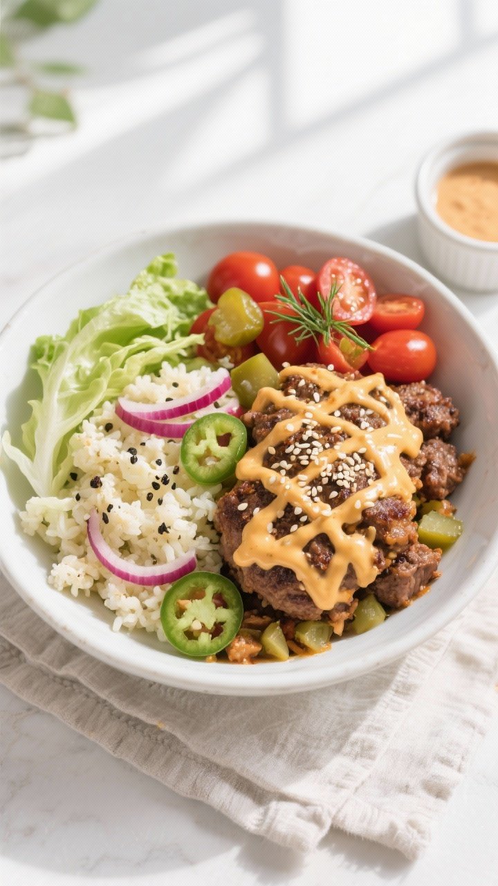 Final bowl, tasty top view: Overhead shot of a High Protein Low Calorie Cheeseburger Bowl artfully a