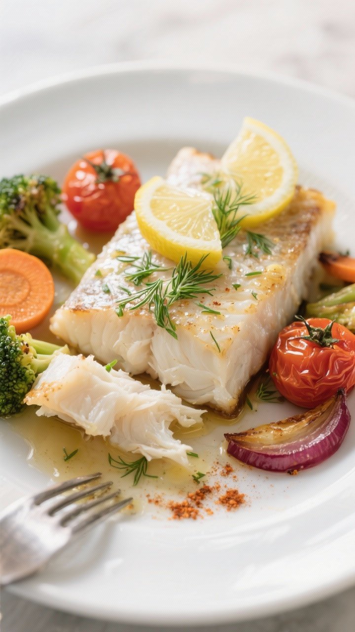 Final dish, close-up: Close-up, three-quarter angle of a plated serving of lemon dill cod with roast