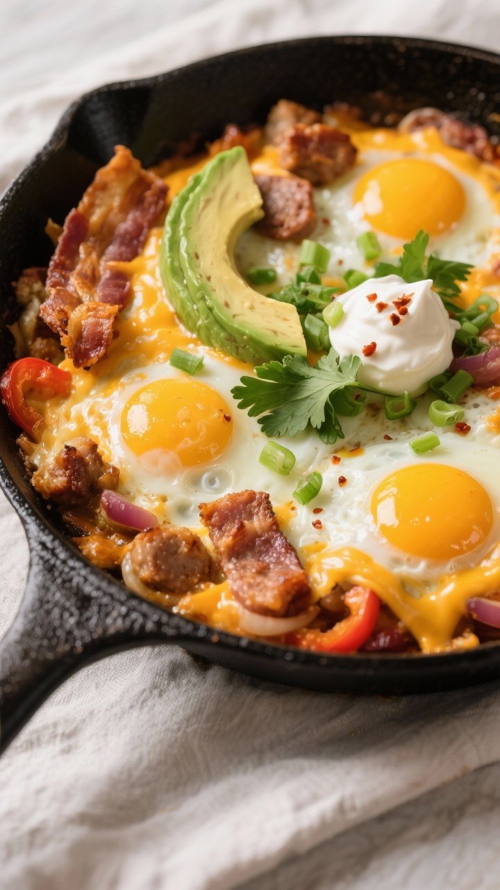 Final dish, close-up: Tight close-up of the finished keto loaded breakfast skillet served family-sty