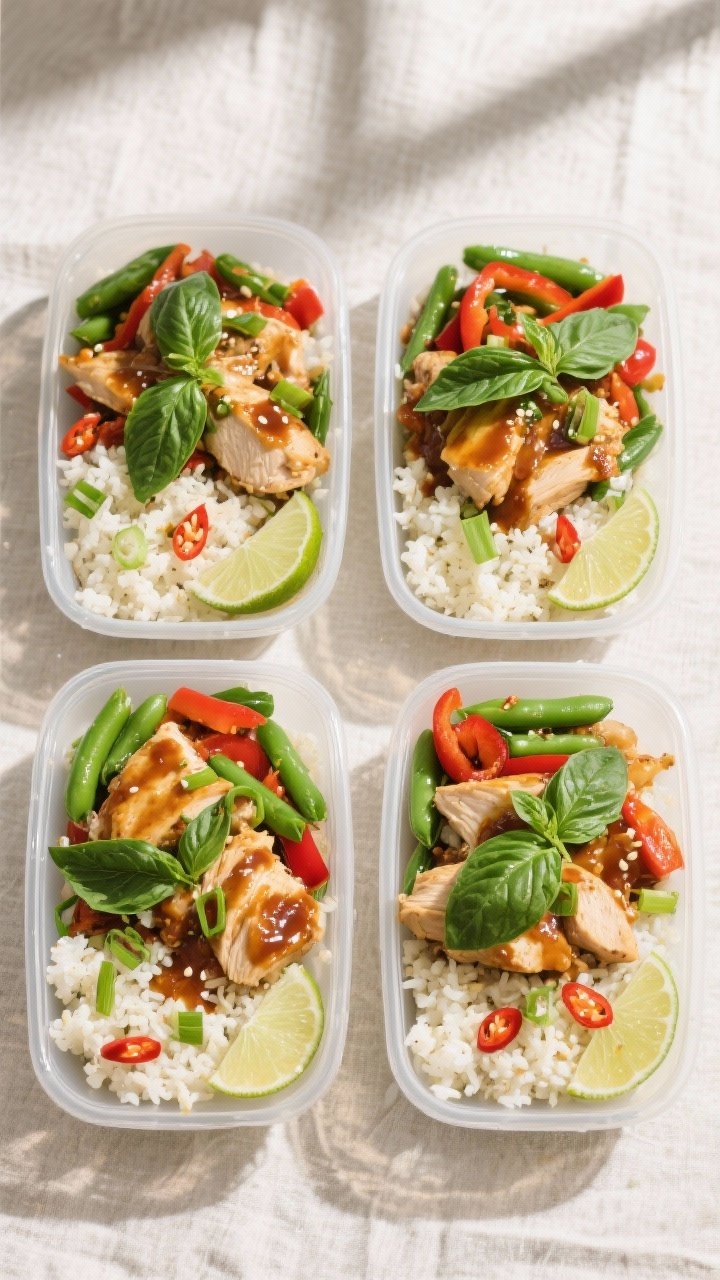 Final dish — Meal prep bowls overhead: Four neatly portioned Thai Basil Chicken Bowls arranged in 