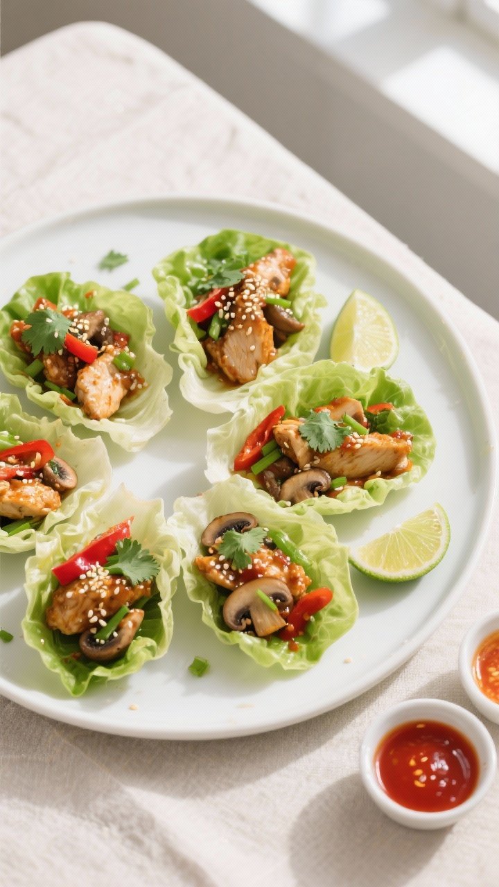 Final dish overhead: Asian chicken lettuce wraps neatly assembled in chilled butter lettuce cups on 