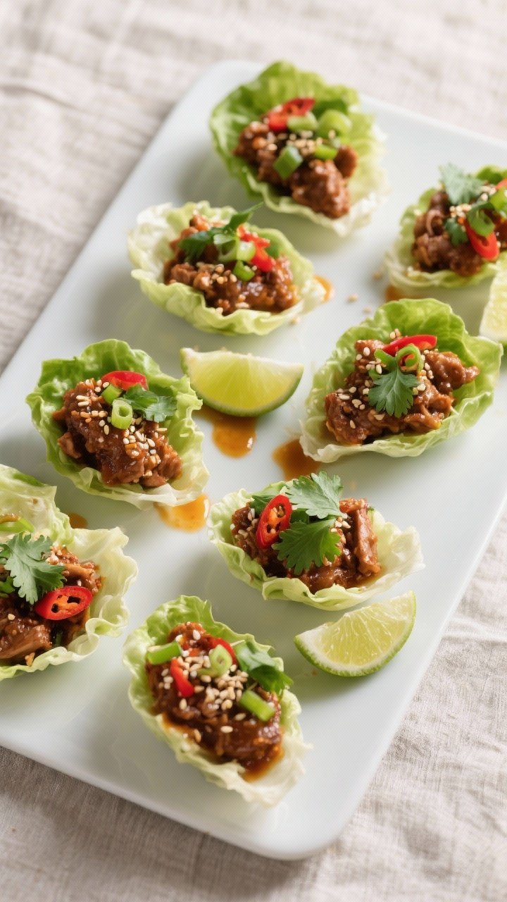 Final dish overhead: Beautifully arranged butter lettuce cups filled with the saucy turkey mixture,