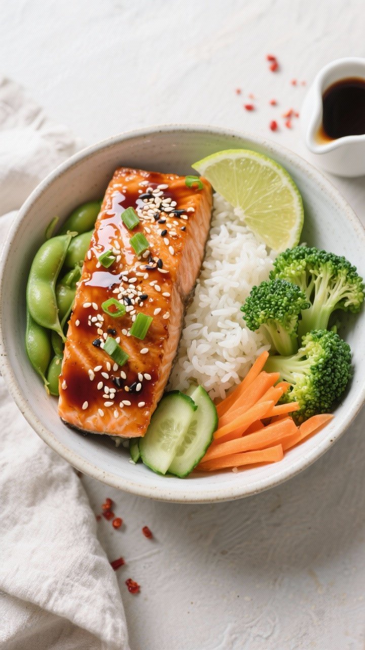 Final dish/overhead bowl: Restaurant-quality teriyaki salmon bowl, top-down shot. Half-cup bed of fl