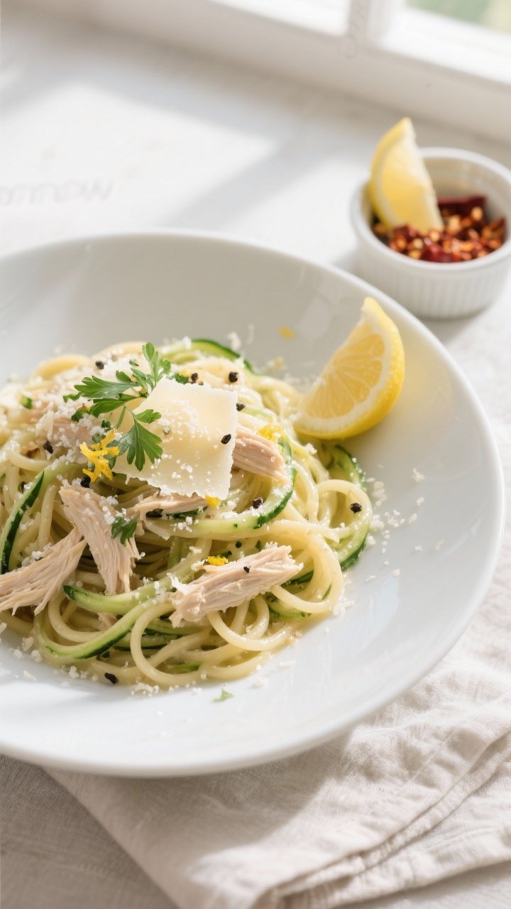 Final dish overhead: High protein garlic Parmesan zoodles with shredded chicken, glossy and creamy w