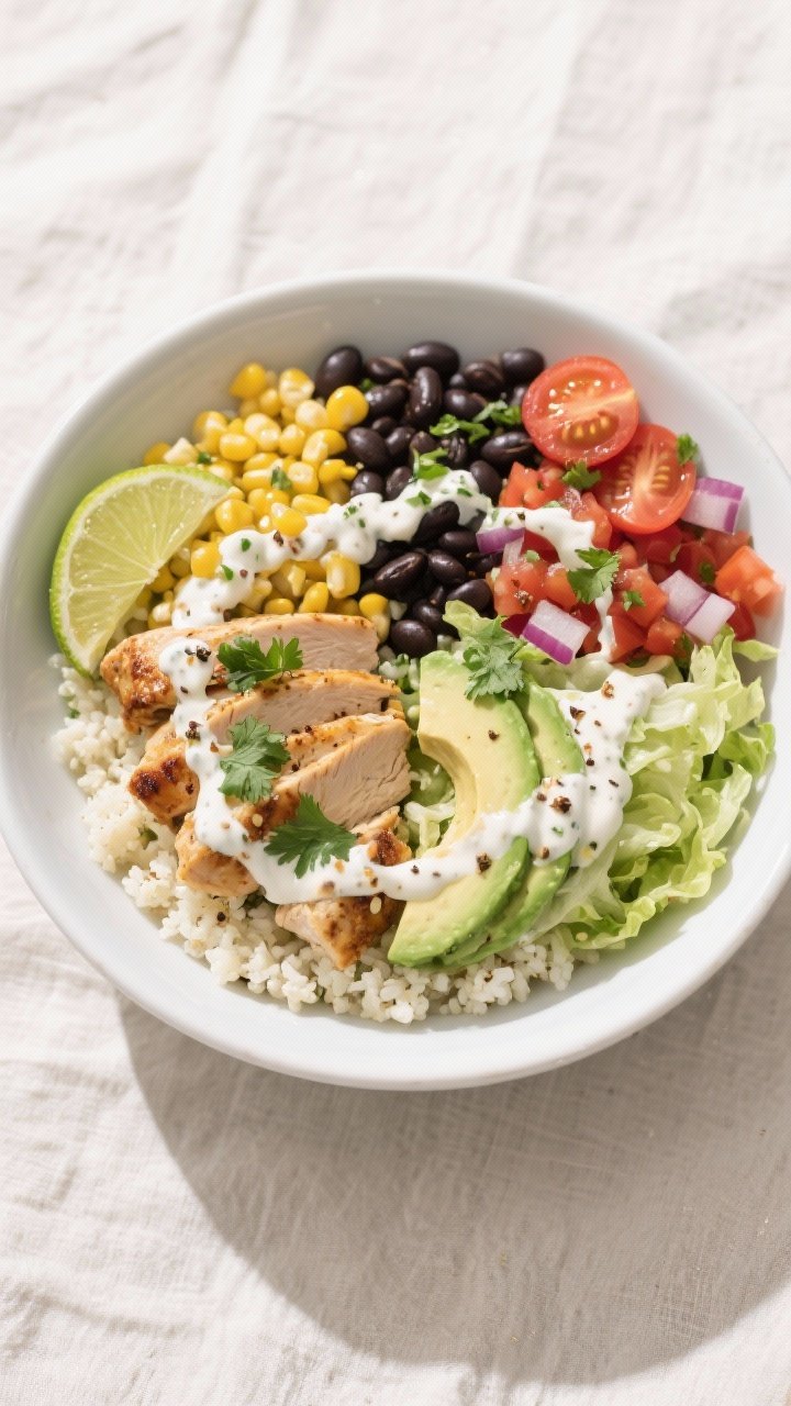 Final dish overhead: High Protein Low Calorie Chicken Burrito Bowl arranged in quadrants over cilant