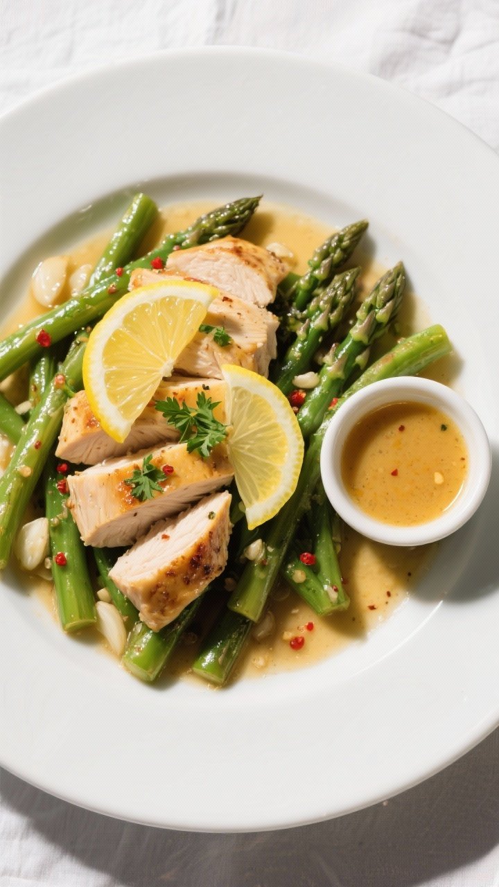 Final dish overhead: High protein low calorie lemon chicken skillet plated restaurant-style—sliced