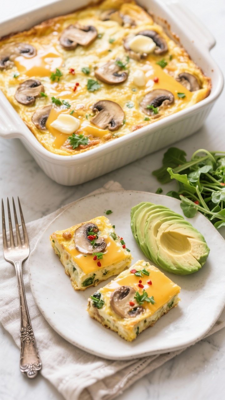 Final dish overhead: Keto Mushroom & Swiss Omelet Bake just out of the oven in a 9x9 ceramic dish, t