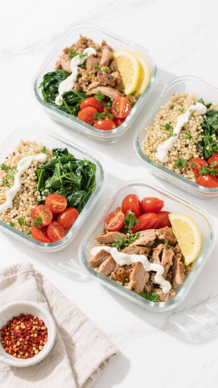 Final dish overhead: Low Calorie Meal Prep Turkey, Spinach & Quinoa Bowls assembled in four glass me