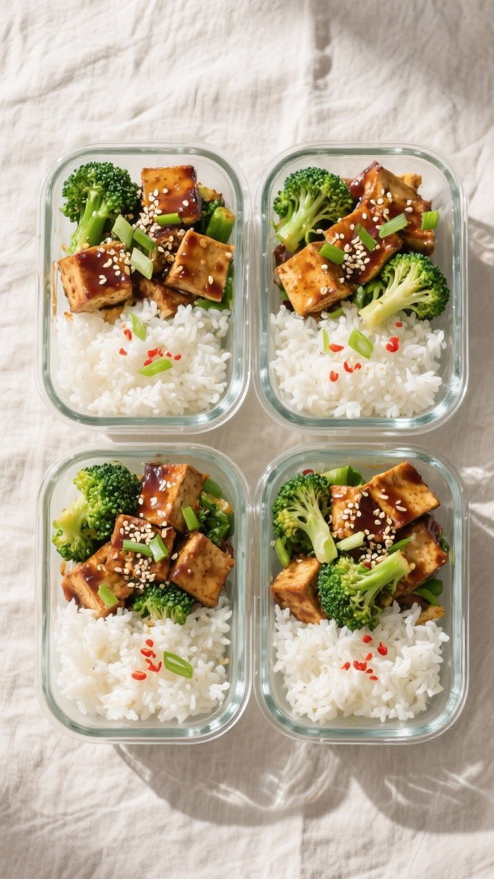 Final dish overhead: Low-calorie teriyaki tofu and broccoli meal prep bowls neatly portioned into fo