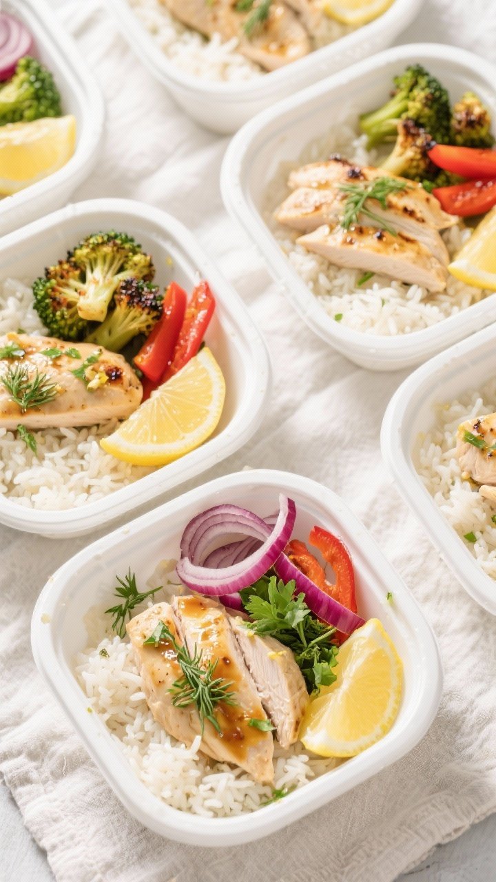 Final dish overhead: Meal prep bowls arranged neatly, of lemon herb chicken and rice—fluffy jasmin