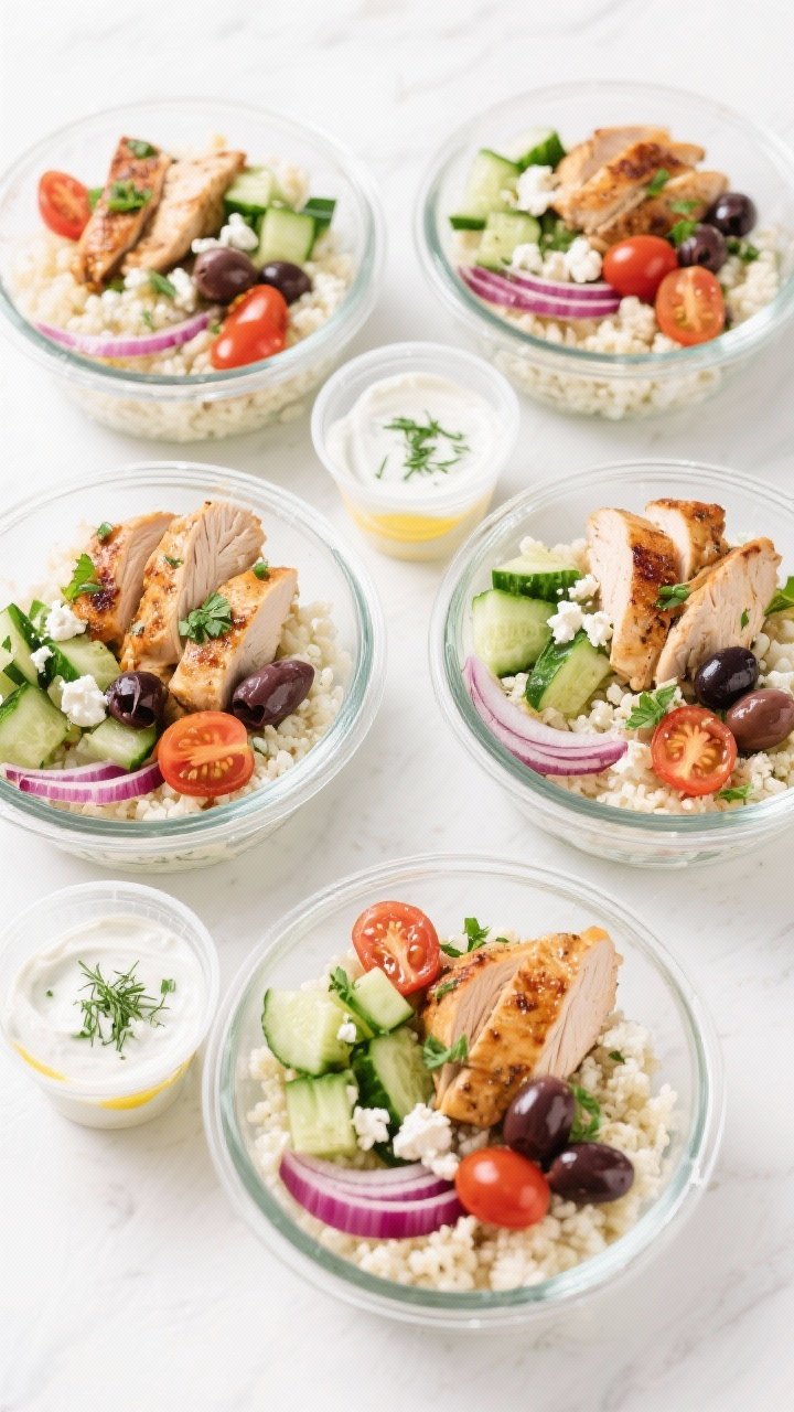 Final dish overhead: Meal-prep Mediterranean chicken bowls neatly arranged in four glass containers,