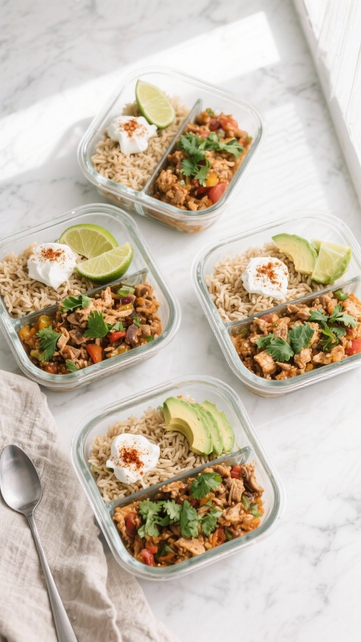 Final dish, overhead meal prep: Overhead shot of neatly portioned low-calorie turkey taco skillet in