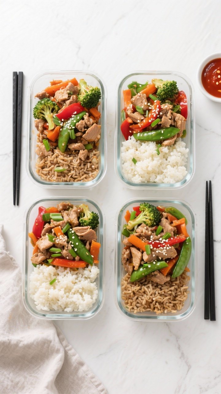Final dish, overhead meal-prep presentation: Top-down shot of four neatly portioned glass containers