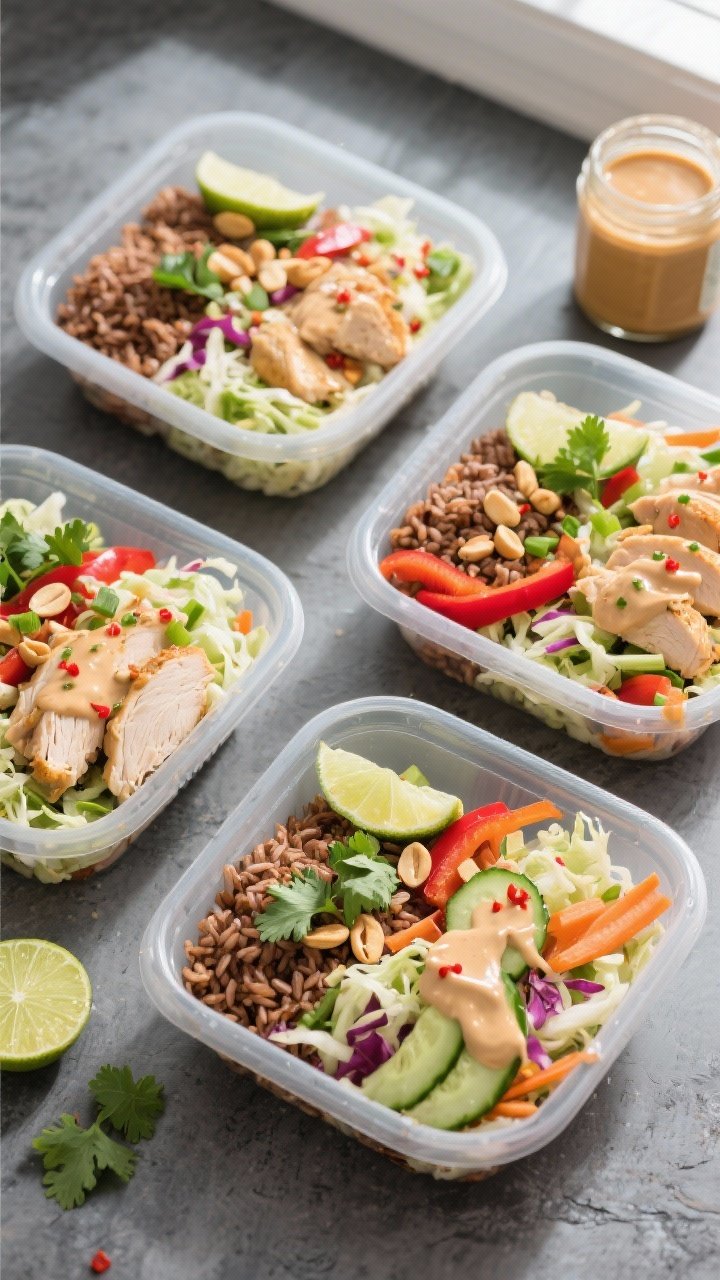 Final dish overhead: Meal prep Thai Peanut Chicken Bowls neatly arranged in four clear containers on