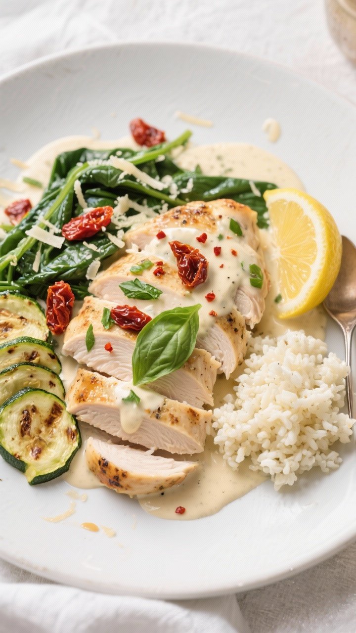 Final dish, overhead plated meal prep: Overhead shot of creamy Tuscan chicken sliced and fanned on a