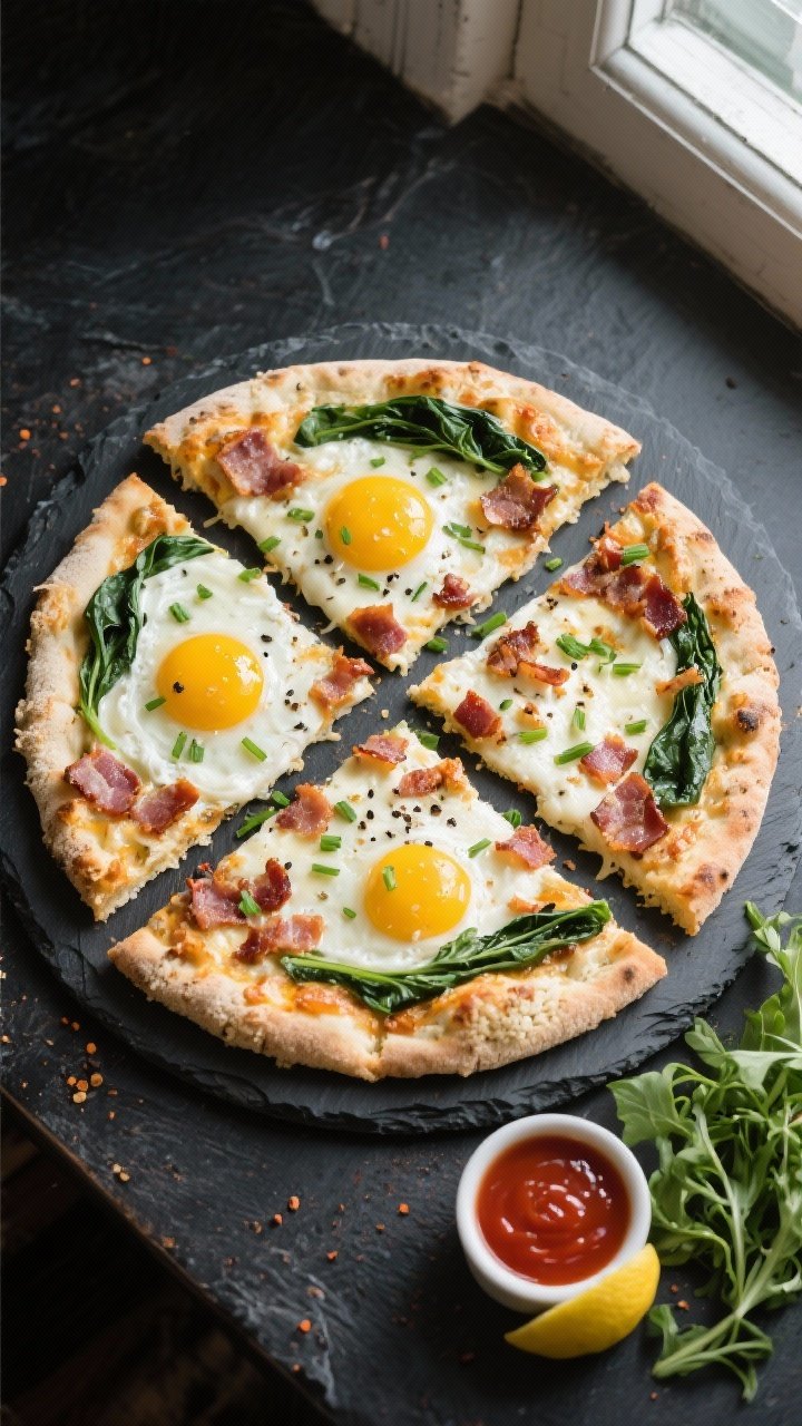 Final dish, overhead presentation: Overhead shot of a 12-inch keto breakfast pizza on a dark pizza s