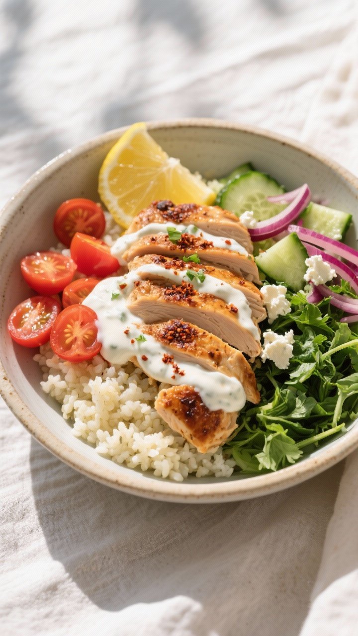 Final dish — Overhead shot of high-protein chicken shawarma bowl beautifully arranged: cauliflower
