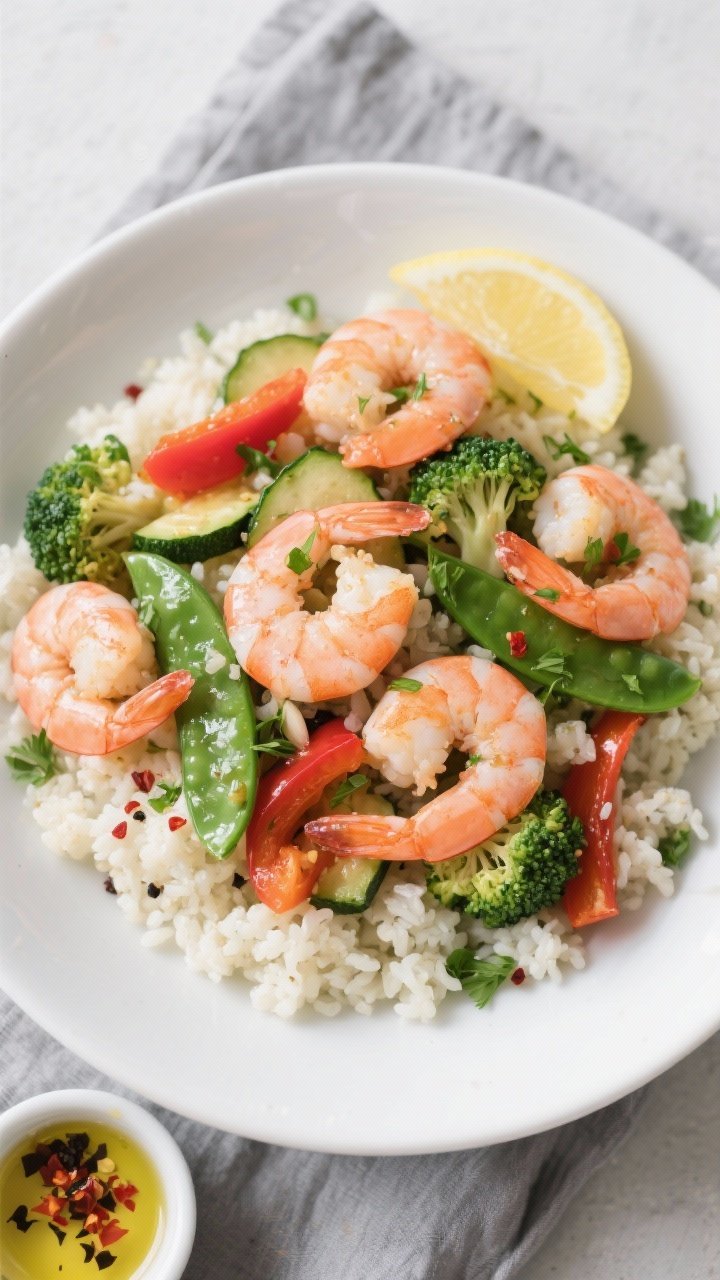 Final dish, : Overhead shot of low-calorie garlic shrimp with veggies plated over a neat bed of fluf