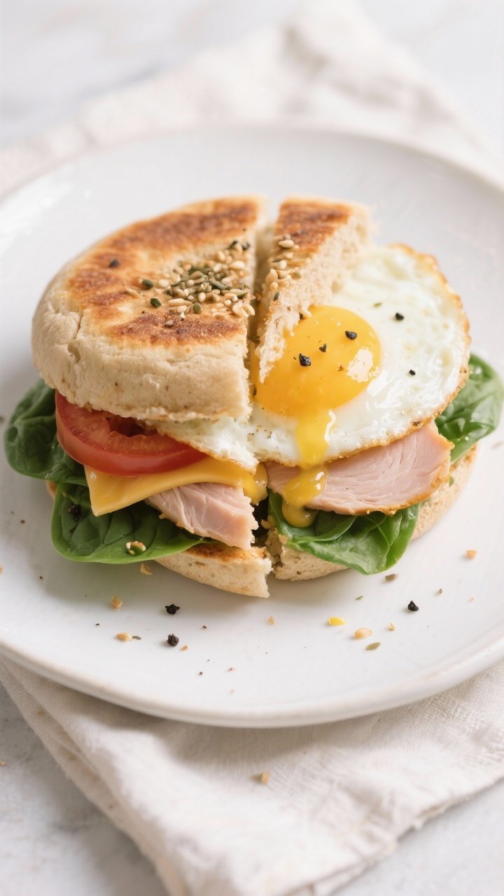 Final dish, : Overhead shot of the assembled high-protein breakfast sandwich on a whole-wheat Englis