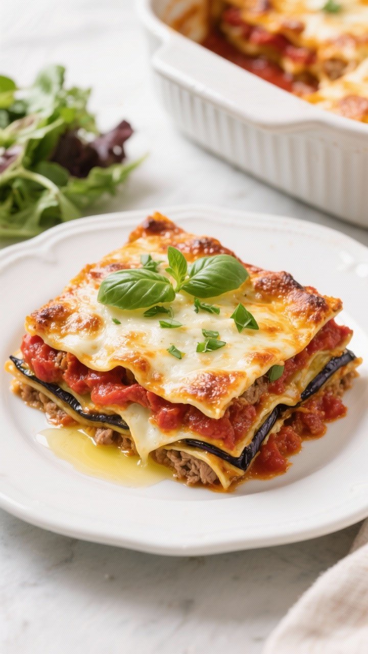 Final dish, overhead top-down shot: Bubbly, golden-browned high-protein eggplant lasagna just after 