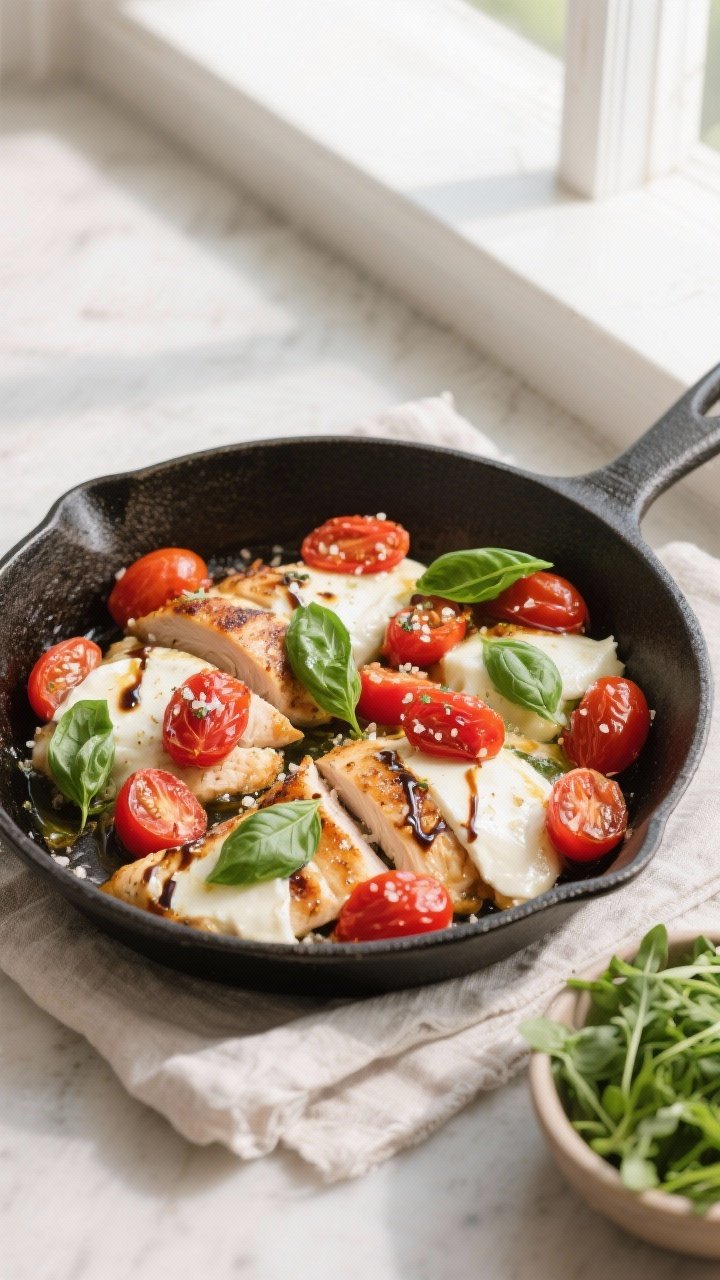 Final dish, overhead top view: Chicken Caprese Skillet plated family-style in a dark cast-iron pan, 