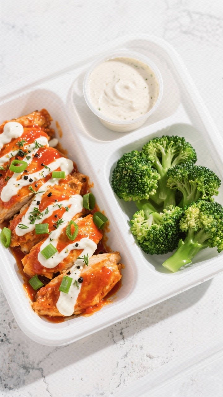 Final dish, overhead top view: Meal prep containers neatly portioned with buffalo chicken on one sid