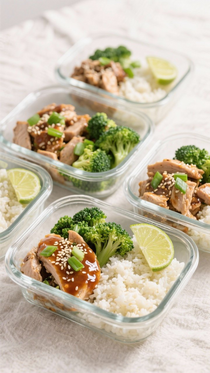 Final dish, tasty top-view meal prep: Overhead shot of assembled Low Calorie Sesame Ginger Turkey Bo