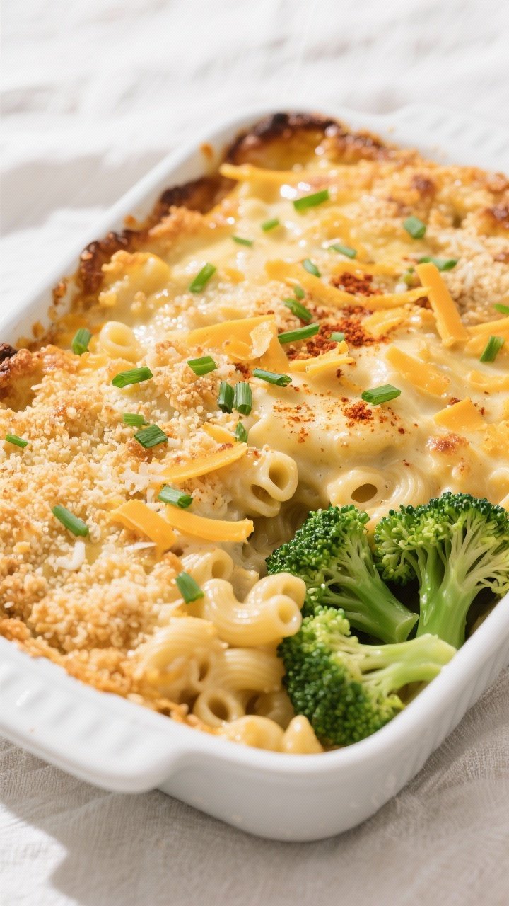 Final dish, tasty top view: Overhead shot of a baked high-protein mac and cheese casserole in a whit