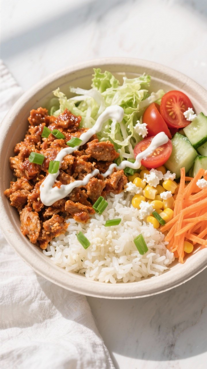 Final dish, tasty top view: Overhead shot of a High Protein Low Calorie Spicy Buffalo Turkey Bowl ar