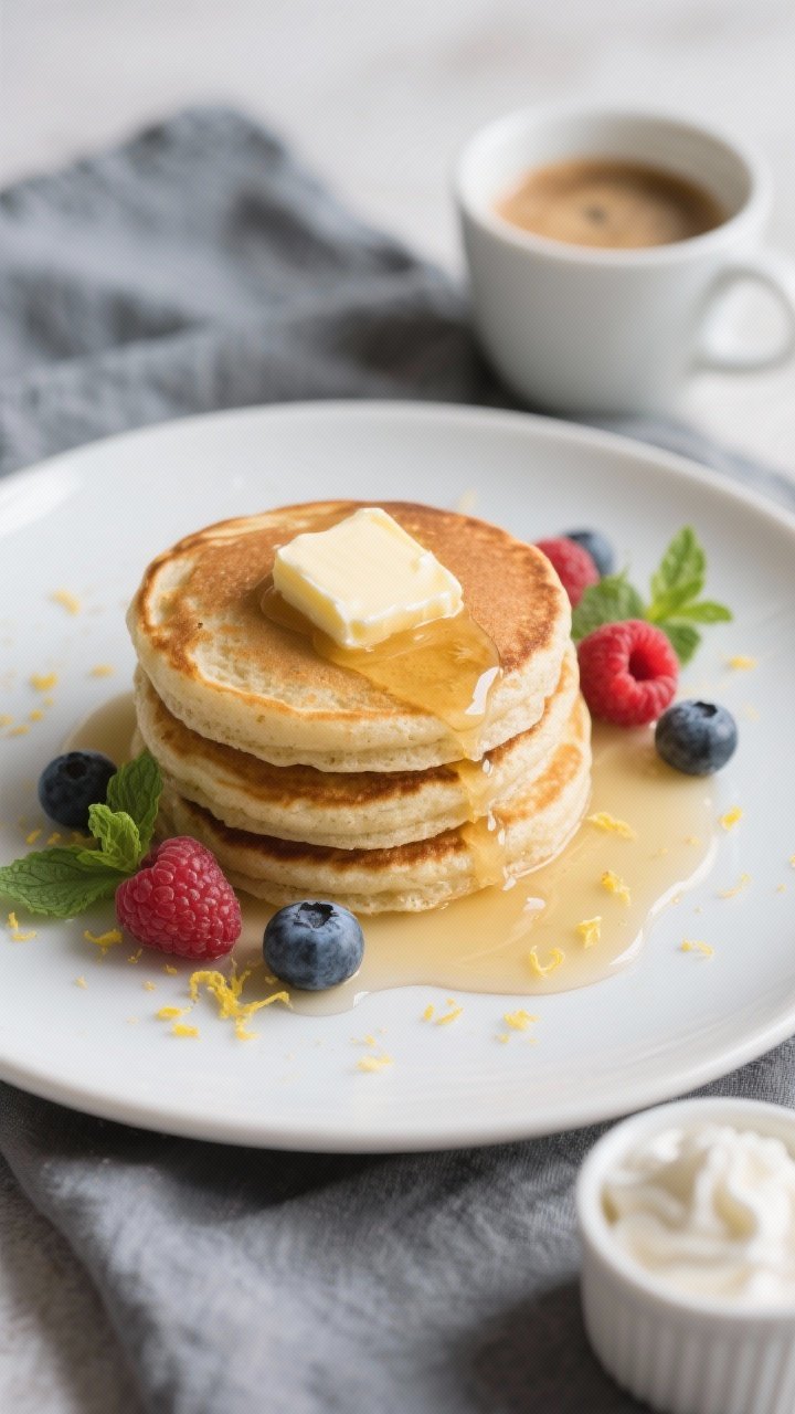 Final dish, tasty top view: Overhead shot of a neat stack of 3–4 keto coconut flour pancakes on a
