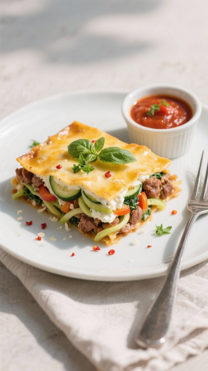 Final dish, tasty top view: Overhead shot of a neatly sliced square of Keto Breakfast Lasagna with Z