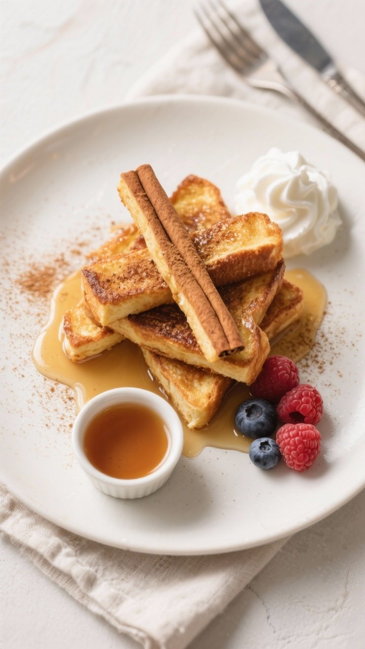 Final dish, tasty top view: Overhead shot of a stack of keto cinnamon French toast sticks arranged i