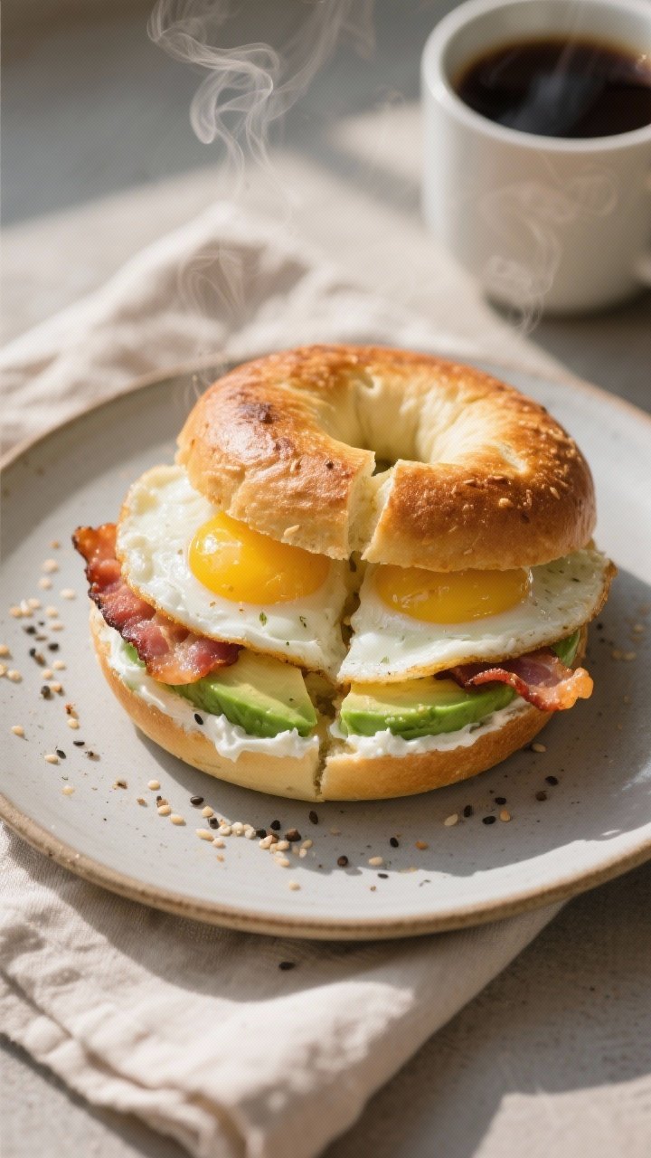 Final dish, tasty top view: Overhead shot of a toasted keto breakfast bagel sandwich on a matte cera