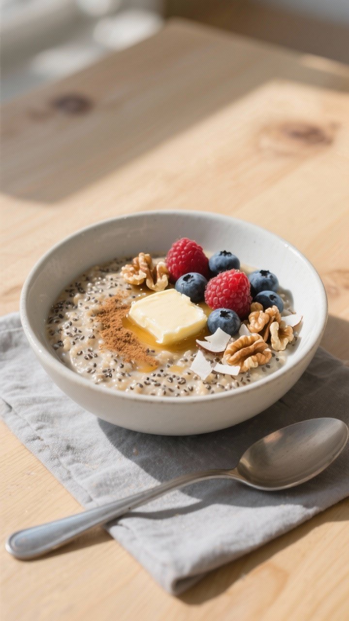 Final dish, tasty top view: Overhead shot of a warm bowl of keto chia–flax “oatmeal” plated in