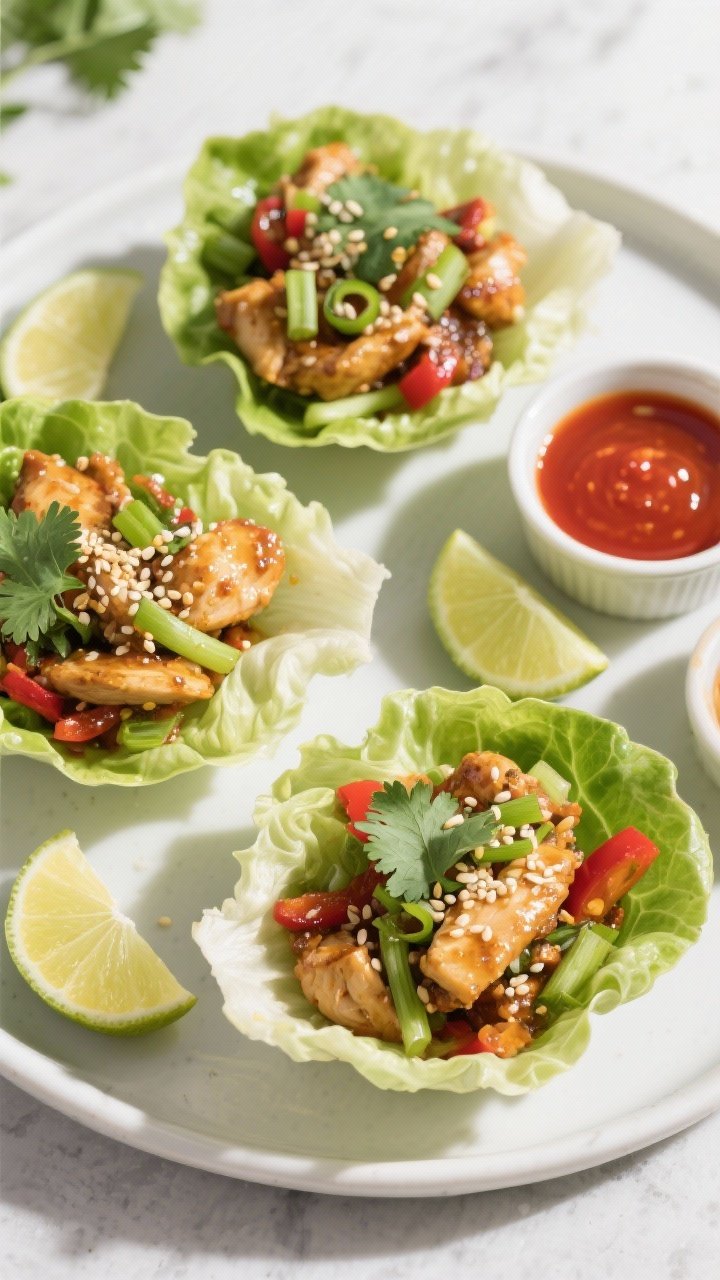 Final dish, tasty top view: Overhead shot of assembled Asian Sesame Chicken Lettuce Bowls on a matte