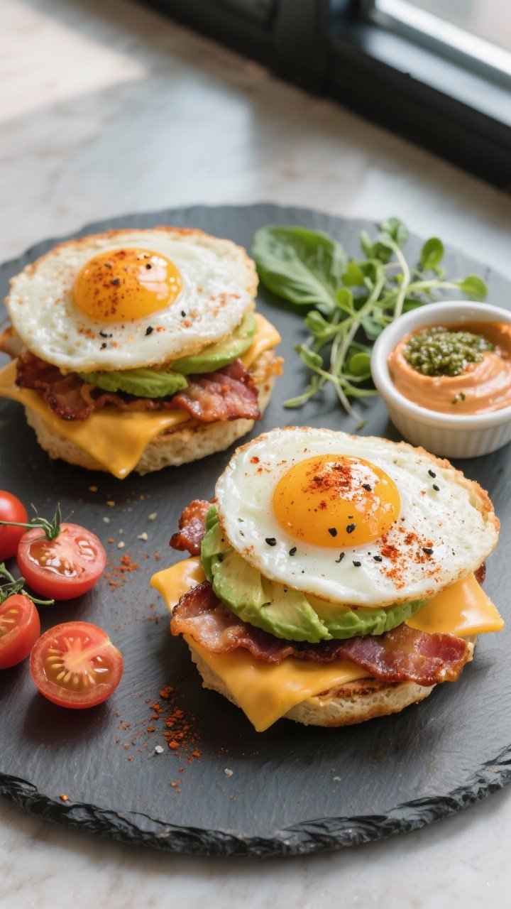 Final dish, tasty top view: Overhead shot of assembled low-carb keto breakfast sandwiches on a matte