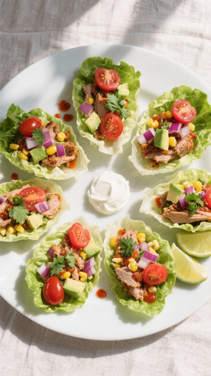 Final dish, tasty top view: Overhead shot of assembled turkey taco lettuce wraps arranged in a casua