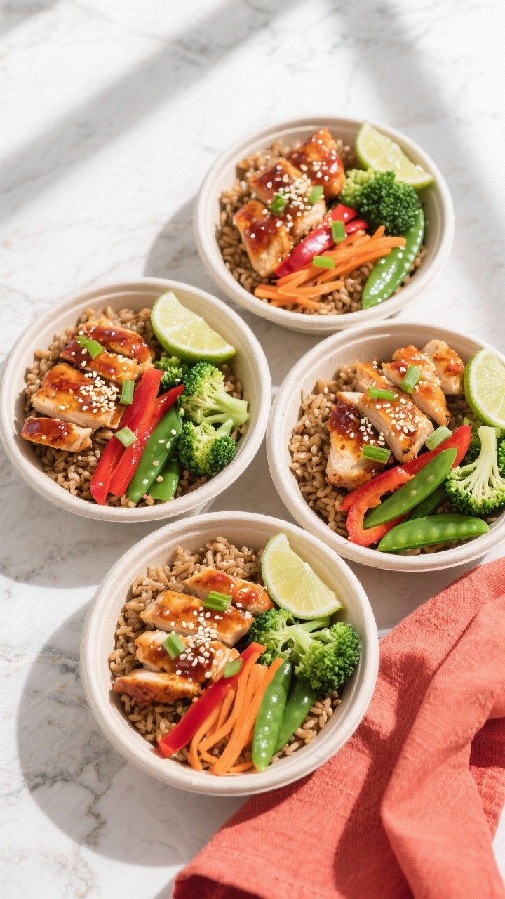 Final dish, tasty top view: Overhead shot of four meal prep bowls filled with fluffy brown rice base