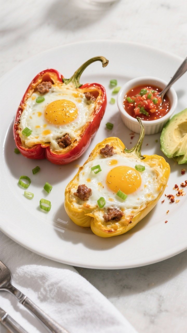 Final dish, tasty top view: Overhead shot of fully baked keto breakfast stuffed peppers plated for s